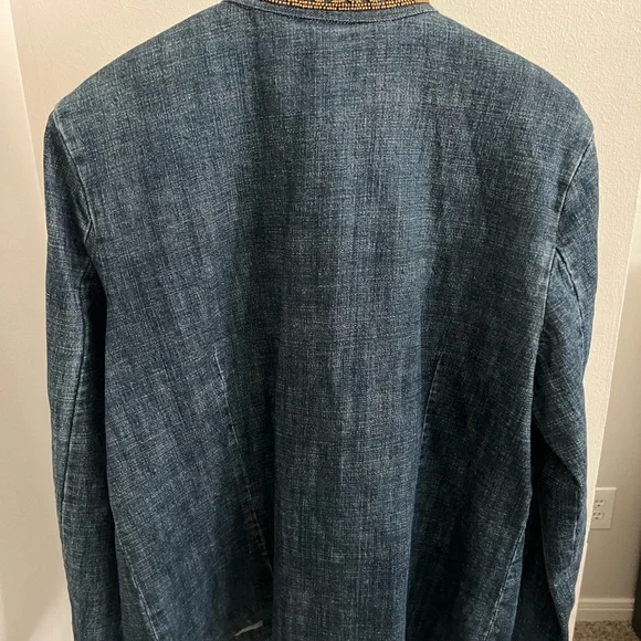 Chico's Blue Denim Jean Jacket with detailed beading design -turquoise and gold - Picture 2 of 7